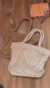 Túi cói đi biển to xách tay đan lưới có lớp lót vải mềm dễ gấp gọn vintage thời trang mùa hè màu nâu be - Mã TC010