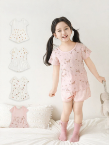 YOEHYAUL | Bộ Đồ Hè Cho Bé Gái In Họa Tiết Áo Thun Rộng và Quần Short
