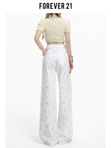 Forever 21 Unique Floral Wide Leg Denim Jeans High Waist Loose Drapey Straight American Style White Womens Summer Jeans