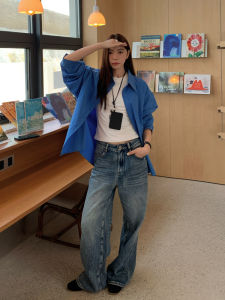 Halo Luu Vintage Blue Wide Leg Denim Jeans Womens Loose Fit High Waist Straight Cut Pants Cotton Stretch Fabric Long Trousers