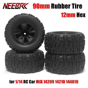 4PCS 90mm Rubber Tire 12mm Hex Tyre Wheel Rim Hub for 1/14 RC Off-road Vehicle Buggy Car 144010 MJX 14209 14210 Monster Truck