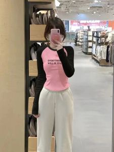 Slimming Effect Long Sleeve round Neck T-Shirt Womens Fashionable Short Print Top Pink New Style Dopaamine Base Shirt