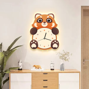 Modern Simple Style Living Room Wall Clock Decorative Cartoon Panda Restaurant Clock No Punching Wall Lighting Wood Material