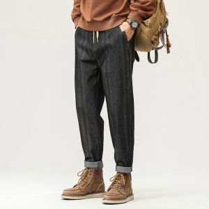 Retro Striped British Style Thin Casual Pants Straight Leg Slim Fit Khaki Japanese Style Cone Nine Points Men Summer Trousers