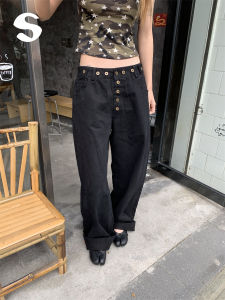 Quần Jeans Ống Rộng Cạp Cao Phong Cách Retro Streetwear Đã Giặt Quần Jeans Denim Thường Ngày Có Nút Đồ Án Cho Nữ