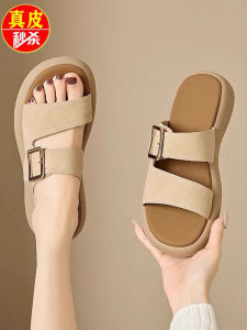 Leather Flat Bottom Sandals Women Summer Outdoor Casual Beach Shoes 2025 New Retro Soft Bottom One Strap Match Skirts