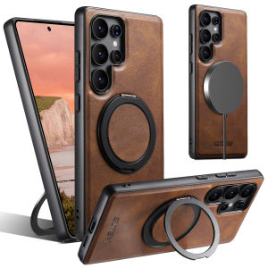 SUTENI แม่เหล็กเคสโทรศัพท์ชาร์จไร้สายน้ํามันขี้ผึ้งหนังเทียม 360 ° หัวเข็มขัดขาตั้งหมุนได้สําหรับ Samsung Galaxy S25Ultra S24 S23