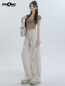 Quick Dry Thin American Style Work Pants Women Summer New Fold Design Loose Wide Leg Sports Casual Pants High Waist Long