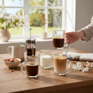 Set 10 Ly Thủy Tinh Quai Cầm Sọc The Fluted Tankard 330ML – Ly Uống Cà Phê Trà Nóng Nước Ép Sinh Tố Phục Vụ Quán Ăn