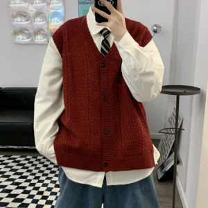 Red Knitted Mens Vest Retro Japanese Hong Kong Style Trendy Cardigan Sweater Outerwear Versatile V-Neck Casual Loose Fit Autumn Wear