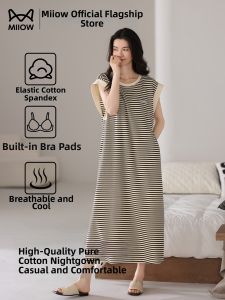 MiiOW | Summer Cotton Sleep Dress with Pads Thin Striped Vest Wearable at Home or Out