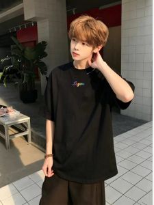 ZHUOCAN | Summer Mens 3/4 Sleeve T-Shirt Black Embroidery Small Collar