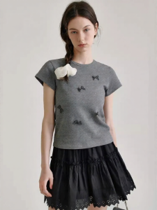 fano studios | Bow-embellished Round Neck Short Sleeve T-shirt