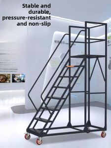 Mobile Heightening Ladder Industrial Cargo Retrieval Rack Mounted Wheel Black Home Use Ladder Staircase Moveable Stool