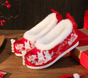 New Bride Chinese Style Embroidered High Heel Shoes Warm Cotton Inner Cross Buckle Wedding Ceremony Traditional Hanfu Footwear