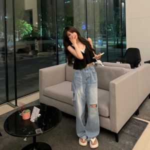 VKSOD | Korean Pure Desire Lace V-neck Strap Vest Outerwear Loose High-waisted Jeans Set Long Pants Summer Collection Womens Fashion