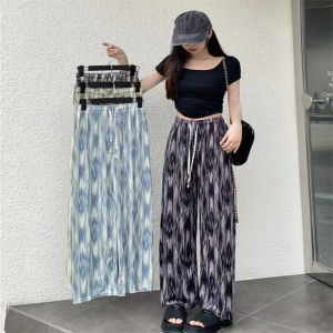 Retro Dyed Wide Leg Pants Womens Summer Style Beauty Stripe Water Ink Pattern Ice Silk Casual High Waist Straight Korean Style