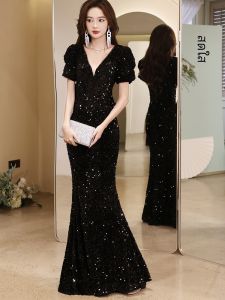 ชุดราตรีสีดำ ผ้าลูกไม้ เดรสยาวหรูหรา ชุดราตรีสำหรับผู้หญิง ชุดงานเลี้ยง ชุดการแสดง เดรสยาวคลุมเข่า ชุดทำงาน