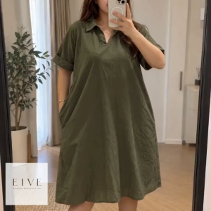 WOMEN’S COLLARED A-LINE DRESS COTTON LINEN CASUAL MIDI DRESS LOOSE FIT POCKET DRESS FOR WOMEN
