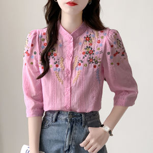 YIGE Áo Thêu Hoa Áo Blouse Ren 2023 Đẹp Cho Nữ Thời Trang Mới Mùa Hè Tay Áo 3/4 Phong Cách Nhẹ Nhàng Lãng Mạn Tươi Mới Áo Phong Cách Dịu Dàng