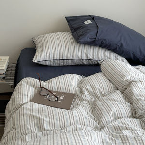 Simple Korean Style Washed Cotton Stripe Pure Cotton Bedding Set Artistic Style Full Cotton Quilt Cover Student Three Piece Set
