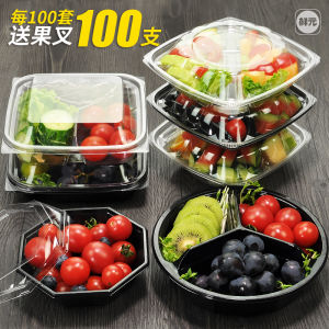 Disposable Plastic Fruit Salad Plates Fresh Fruit Cutting Box Partitioned round Salad Platter Fruit Slice Box for Supermarket