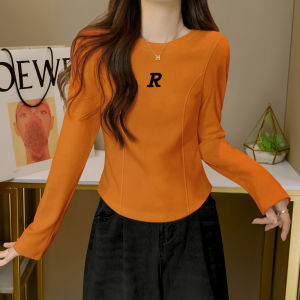 Slim Fit Short Sleeve Womens T-Shirt Long Sleeve Base Layer Shirt Inner Wear Fishbone Print Casual Cotton Top for Autumn