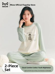 MiiOW | Pure Cotton Sleepwear Long Sleeve Thin Set For Teenage Girls Home Clothes Student Large Childrens Cartoon Style Comfortable Breathable