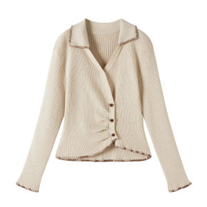 XIANGYING | Womens Long Sleeve V-Neck Slim Fit Waist-Cinching Korean Style Knit Top