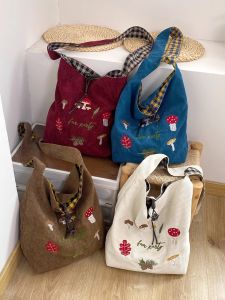 Mushroom Embroidery Corduroy Crossbody Bag Single Shoulder Vintage Style Autumn Winter New Fashion Canvas Tote Bag for Students
