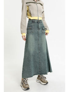 กระโปรงยีนส์ทรงเอเอวสูงทรงสลิมฟิตสำหรับผู้หญิง ฤดูใบไม้ผลิและฤดูใบไม้ร่วง กระโปรงทรงเอทรงหลวมสไตล์เกาหลี กระโปรงยาวคลุมเข่า