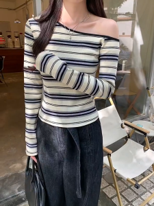 Korean Style Striped Off Shoulder Long Sleeve Top Slim Fit Casual Apricot Striped T-shirt