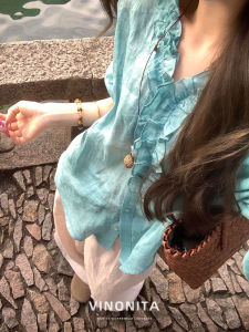 Vinonita Blue  Silk Womens Top Design Sensation Small Audience Summer Long Sleeve V-neck High Waist Commute Style