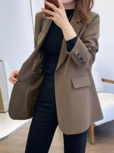 Áo Khoác Vest Nữ Dáng Rộng Màu Nâu Thời Trang Xuân 2023 Dài Tay Cổ Vest Polyester Thường Xuyên Một Nút Cài