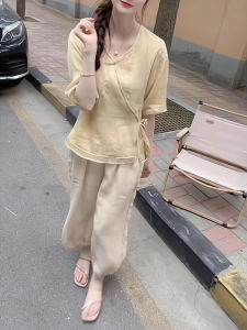 Shalldoer | Summer Beautiful Small Set Womens Casual Embroidered Button Shirt Nine-Piece Pants Two-Piece Set Round Neck Sleeve-Length Mid-Sleeve