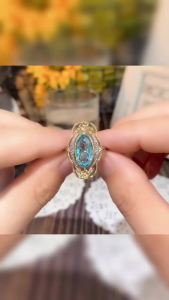 Huitan Vintage Two Tone Flower Design Finger Rings for Women Inlaid Sky Blue Stone Aesthetic Jewelry Party Ring Surprise Gift
