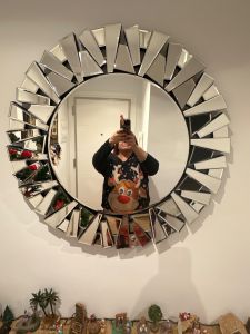 WISFOR 80CM กระจกสำหรับตกแต่งขนาดใหญ่ทรงกลมดาวกระจายกระจกติดผนังขอบเอียงเน้นแก้วเงินสำหรับห้องนั่งเล่นกระจก