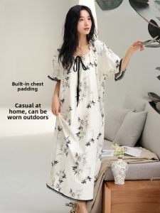 miiow | Pure Cotton Short Sleeve Dress Womens Nightgown Home Clothes With Chest Pad Anti-Bulge New 2025 Cat Person Summer Sleepwear