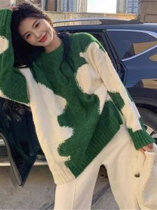 WANGGONGZHU | Princess Wang Knitted Sweater Womens Loose Overhead Long Sleeve Autumn Winter Outerwear Twist Color Block Comfortable Style