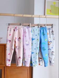 Autumn and Winter Childrens Wool Silk Ankle-Tied Warm Trousers Small and Medium Boys Girls Cartoon Single Long Johns Home Wear Pajama Pants