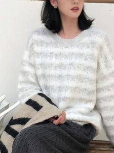 Comfortable Soft Striped round Neck Pullover Sweater Trendy Color Block Lazy Style Womens Fashion Autumn New Arrival