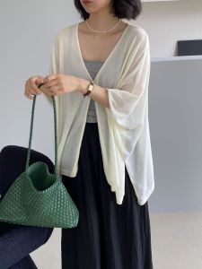 Áo Len Cardigan Chống Nắng Mỏng Tay Cánh Dơi Cổ Chữ V Cho Nữ Mùa Hè Dáng Rộng Màu Trơn Chất Liệu Khác Dài Vừa Phải