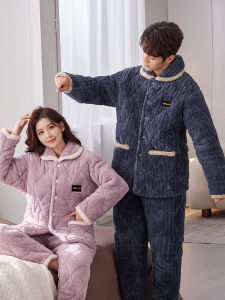Pajamas Winter Three-Layer Thick Quilted Fleece-lined Thermal Flannel Plus Size round Neck Outwear Couple Homewear Suit