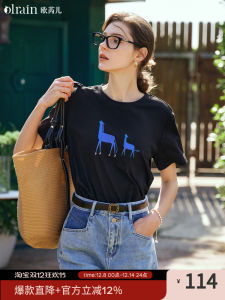 Elegant French Style Embroidered Black Short Sleeve T-Shirt Womens Loose round Neck Top Summer New Arrival OLrain Brand