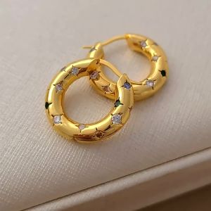 Trendy Gold Color Crystal Stainless Steel Round Earrings For Women Imitation Pearl Metal Earring Party Everyday Jewelry