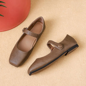 IELGY New Square Toe Mary Jane Shoes Womens Burgundy Ballet Leather Vintage Flats