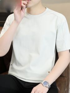 HENGYUANXIANG | Hengyuanxiang Mens Ice Sensation Silk Cotton Short Sleeve T-shirt Summer Fashionable Round Neck Top Breathable Comfortable