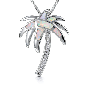 Fiery Opal Palm Tree Pendant NecklaceSilver Plated with Zirconia TrunkTropical Vacation JewelryUnique Summer Gift for Women
