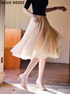Basic House | Chân Váy Voan Dài Cao Waisted Màu Đào