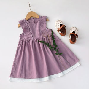 Bear Leader Purple Cotton Dresses for Baby Girls 3 to 7 Years Kids Clothing Summer Scallop Sleeveless Pathwork Dress Girls Casual Clothes Childrens Korean Version Outfits